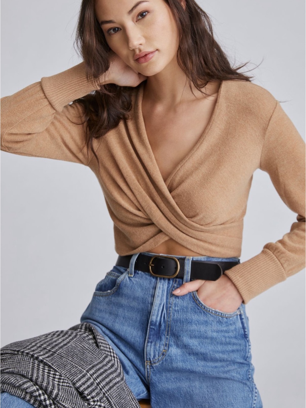 Anthropologie Maeve Camel Twist-Front V-Neck Crop knit Sweater neutral